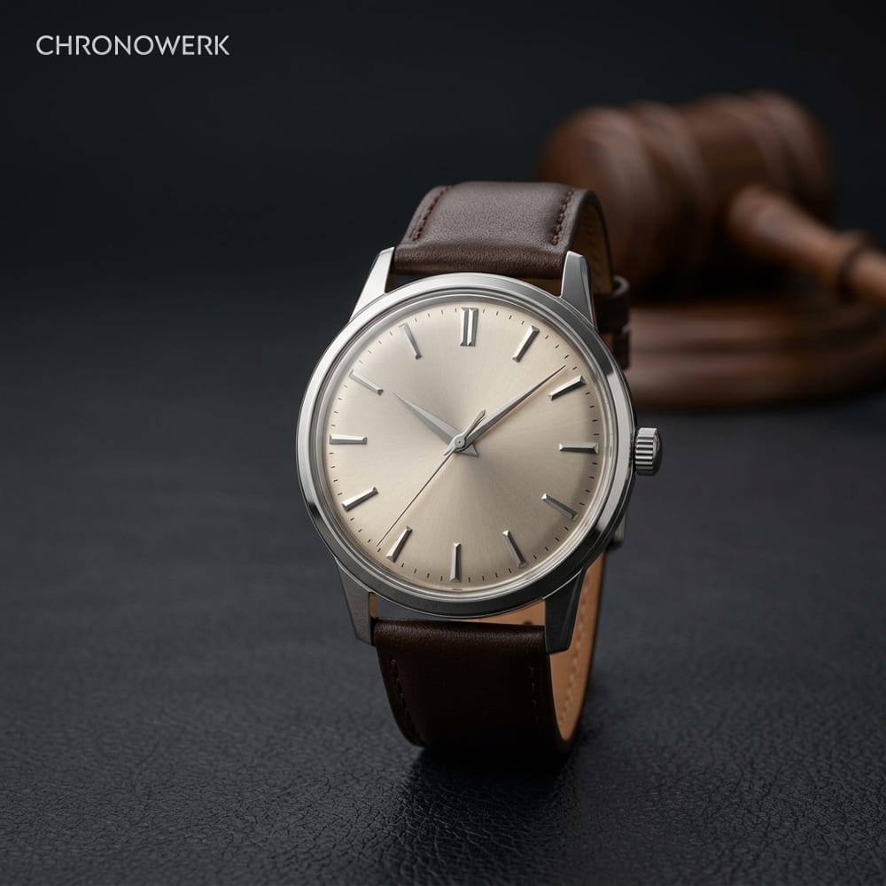 Auktionshammer und mechanische Armbanduhr auf Anthrazit-Podest im Studiolicht — Symbolbild zur Vorschau auf den Auktionsherbst 2026 für Uhrensammler