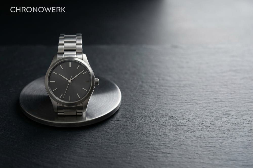 Edelstahl-Armbanduhr mit schriftfreiem Anthrazit-Zifferblatt auf der Stahlschale einer Feinwaage, daneben weich beleuchteter dunkler Schiefer