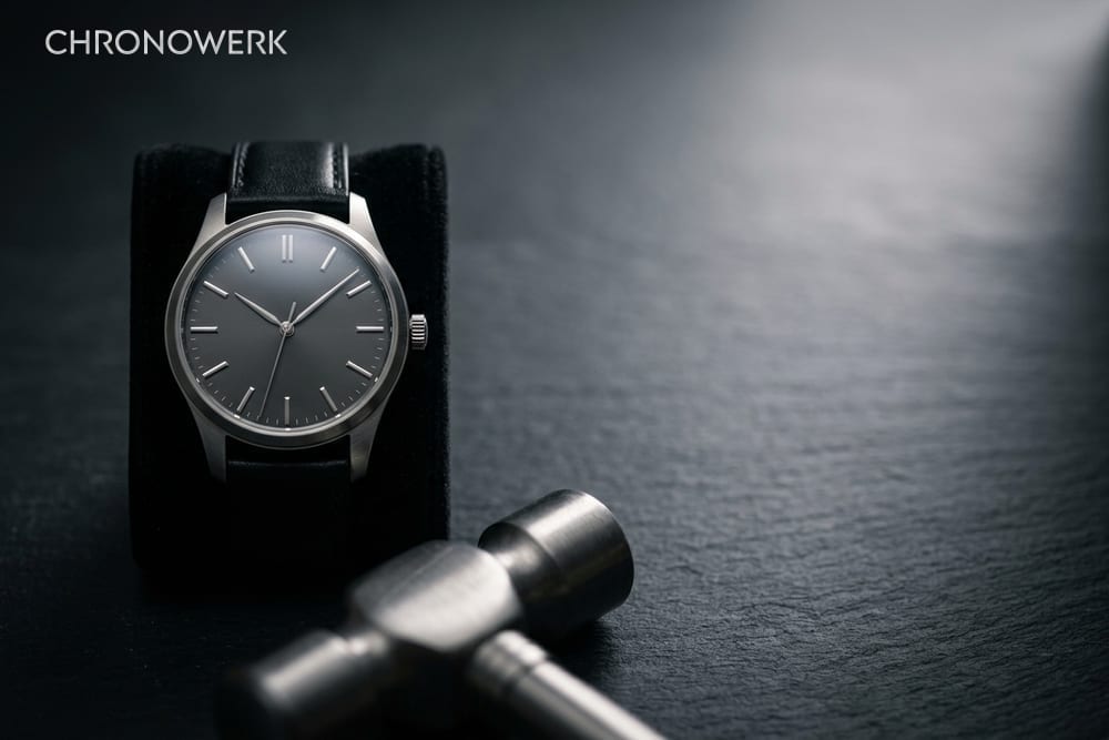 Edelstahl-Armbanduhr mit schriftfreiem Zifferblatt auf schwarzem Kissen, davor unscharf ein Stahl-Auktionshammer, rechts dunkler Schiefer