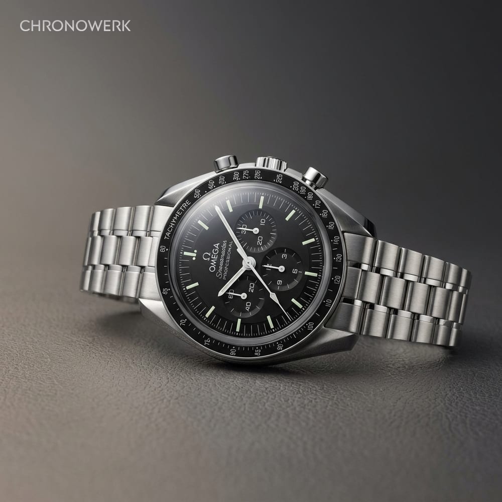 Klassischer Handaufzugs-Chronograph mit schwarzem Zifferblatt und Tachymeter-Lünette auf Anthrazit-Lederbühne — Marken-Guide Omega
