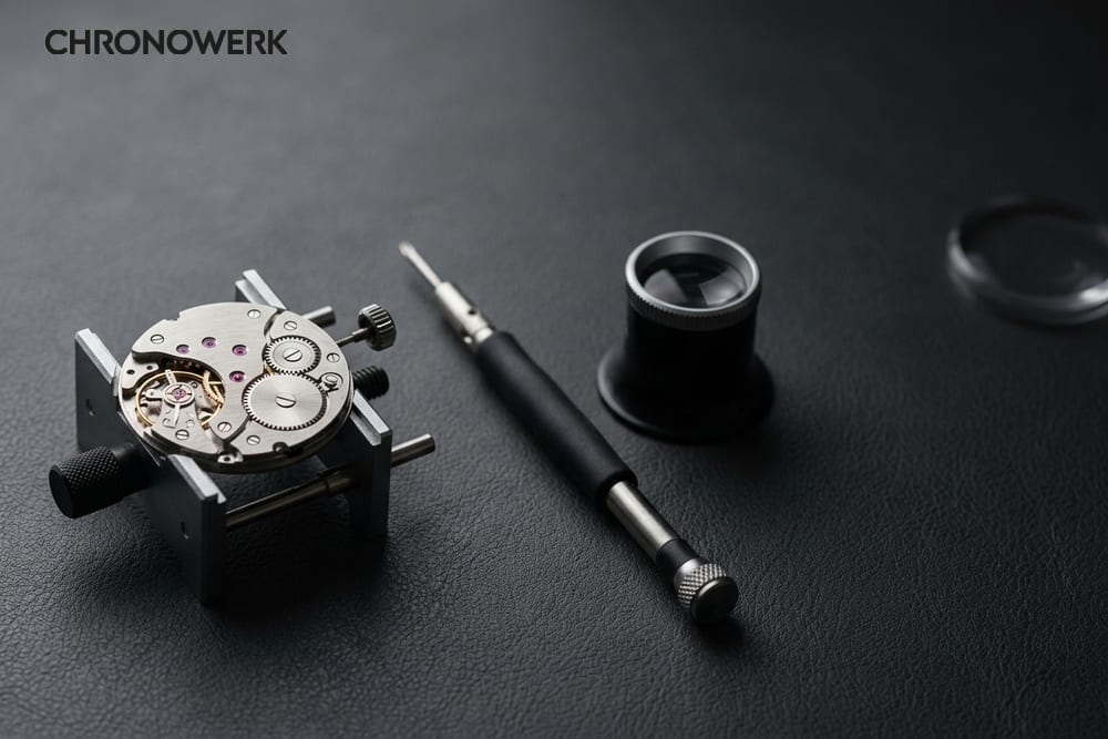 Uhrmacher-Werkstatt mit Werkzeug und mechanischem Uhrwerk auf Anthrazit-Bühne