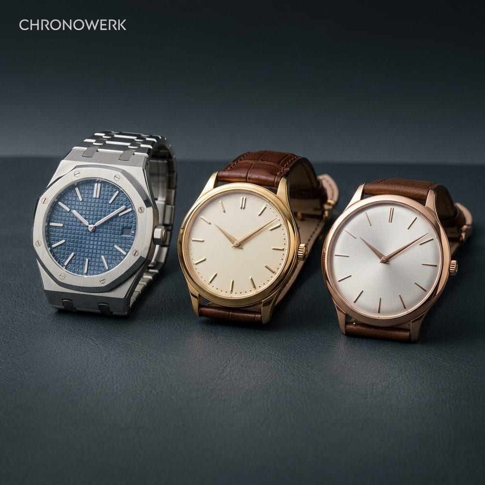 Genfer Messestand-Stillleben mit drei Premium-Uhren im Studio-Licht — Marktanalyse Watches & Wonders 2026