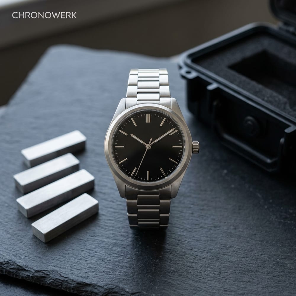 Herrenuhr aus gebürstetem Edelstahl mit schwarzem, schriftfreiem Zifferblatt auf Schiefer, daneben vier unbeschriftete silberne Barren und ein schwarzer Koffer