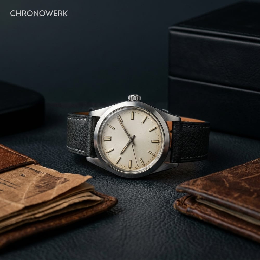 Vintage-Uhr mit Original-Garantiekarte, Service-Belegen und Box auf Anthrazit-Bühne