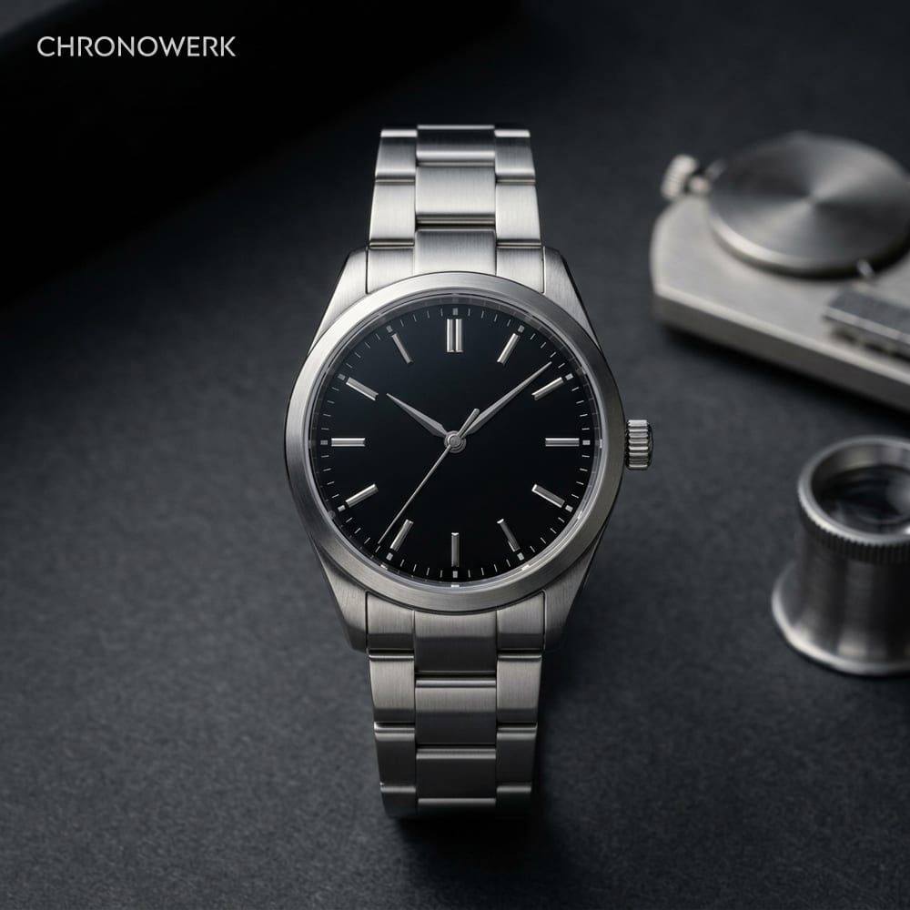 Edelstahl-Armbanduhr mit schriftfreiem schwarzem Zifferblatt auf Anthrazit, dahinter unscharf eine Feinwaage und eine Uhrmacherlupe aus Stahl