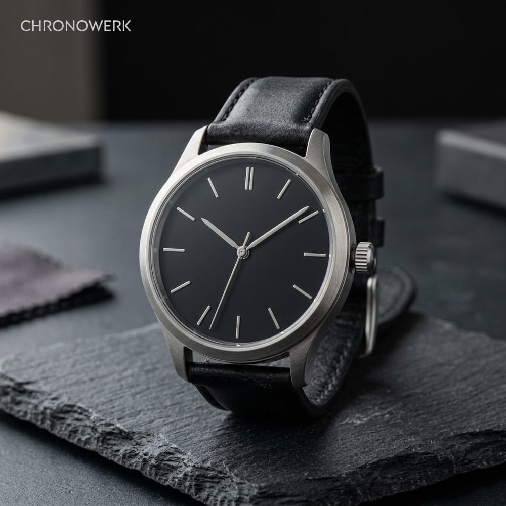 Mechanische Armbanduhr aus gebürstetem Stahl mit schriftfreiem schwarzem Zifferblatt und schwarzem Lederband auf einer anthrazitfarbenen Schieferplatte